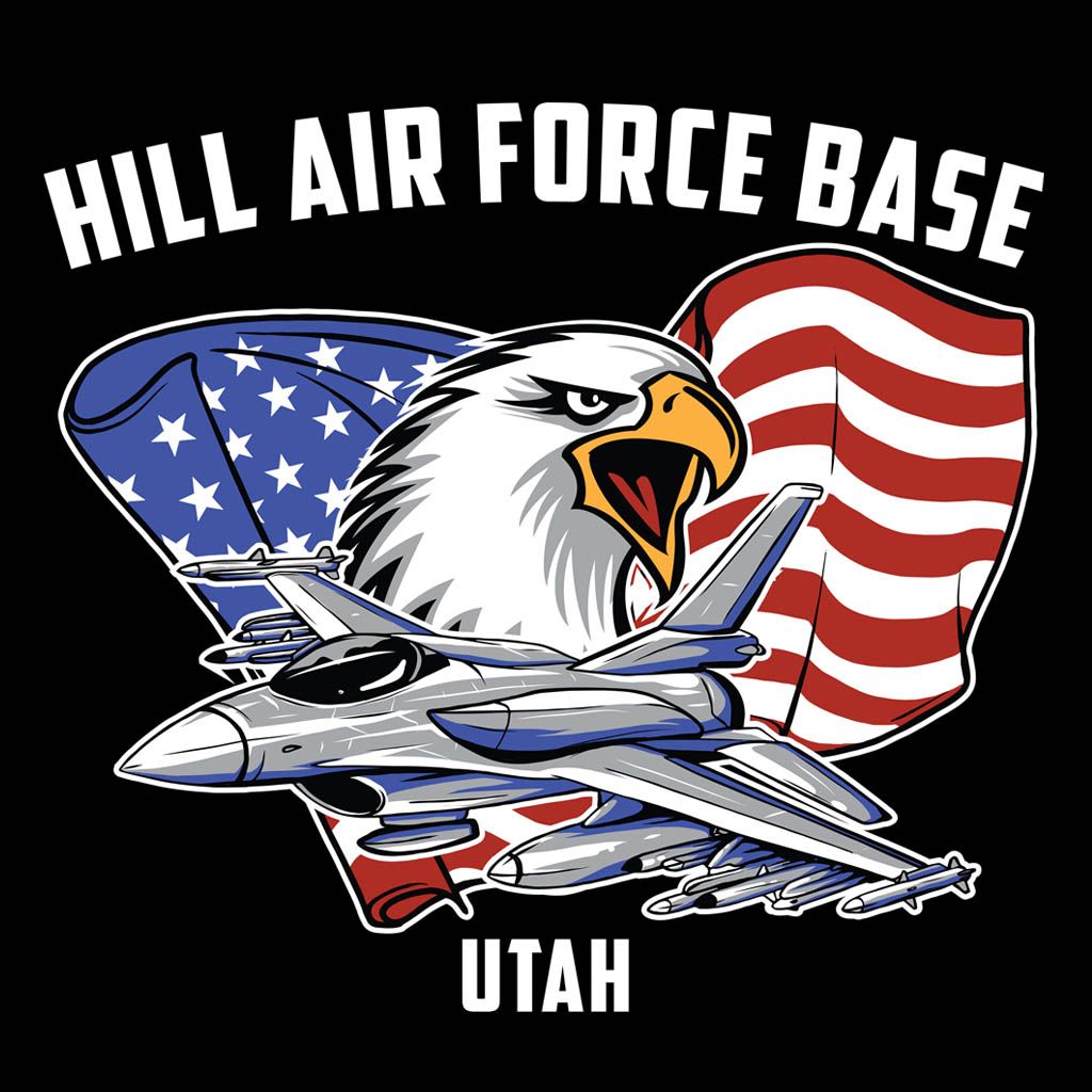 Picture of an airplane and an American flag and says Hill Air Force Base